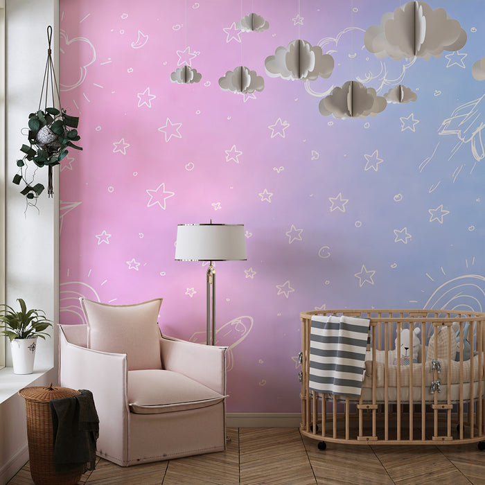 Papier peint chambre enfant | Nuages et fusées pastel