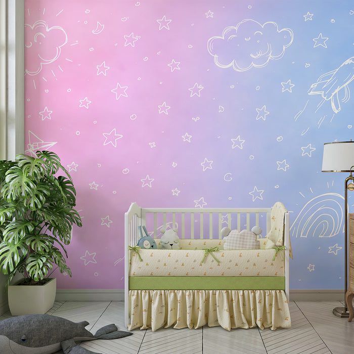 Papier peint chambre enfant | Nuages et fusées pastel