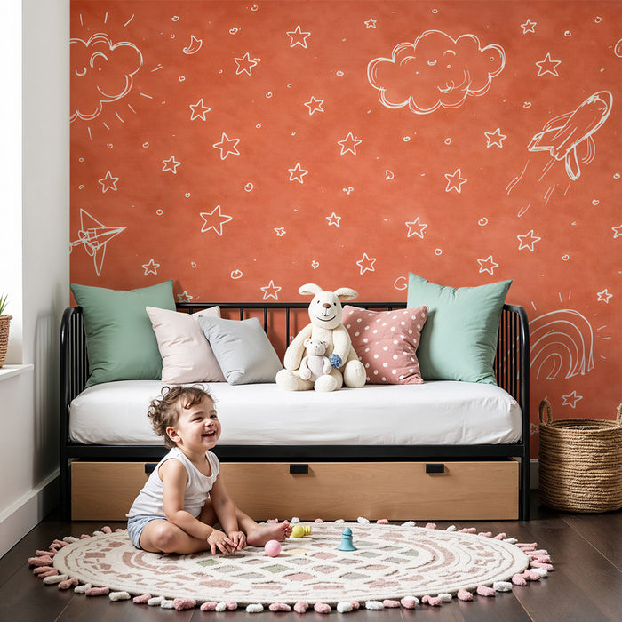 Børneværelses tapet | Raketter og stjerner på orange baggrund