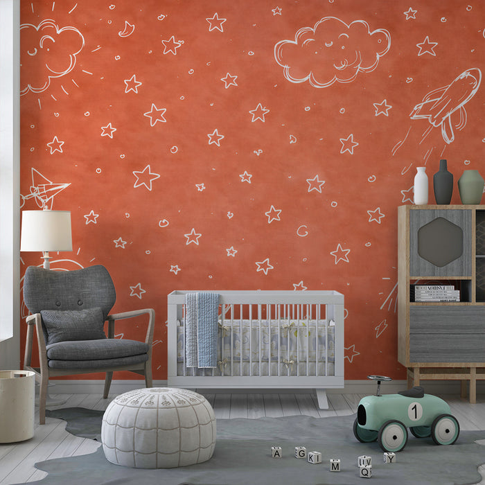 Børneværelses tapet | Raketter og stjerner på orange baggrund