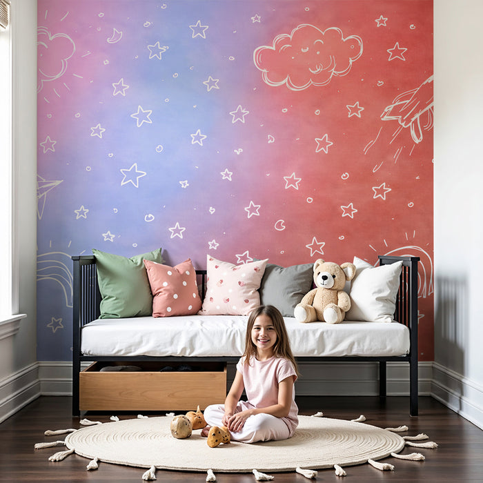 Papier peint chambre enfant | Rêveries spatiales et arc-en-ciel