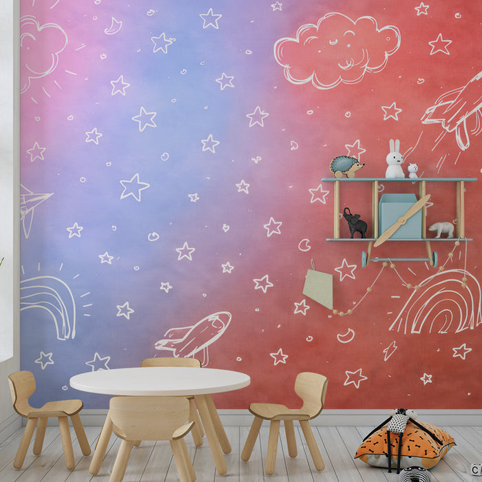 Papier peint chambre enfant | Rêveries spatiales et arc-en-ciel