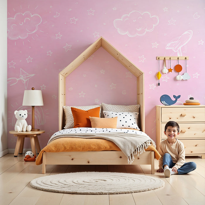 Detská tapeta do izby | Ružová obloha a hviezdne rakety