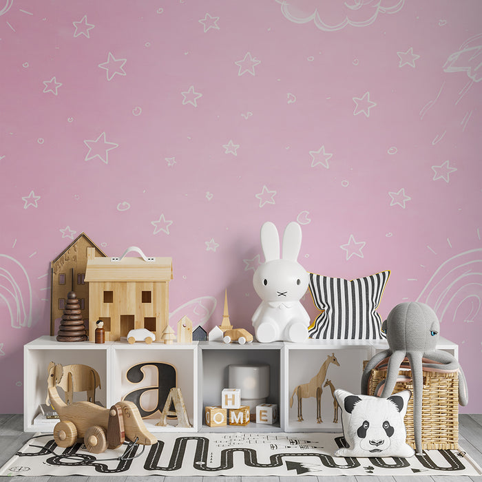 Detská tapeta do izby | Ružová obloha a hviezdne rakety