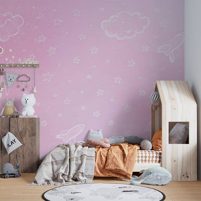 Detská tapeta do izby | Ružová obloha a hviezdne rakety