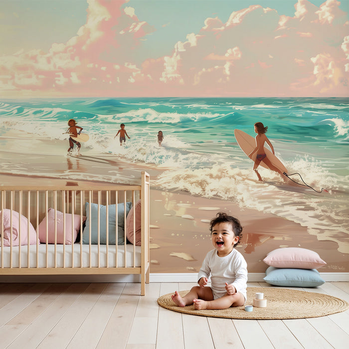 Papel pintado infantil | Aventura de surf al amanecer