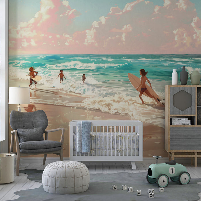 Papel pintado infantil | Aventura de surf al amanecer