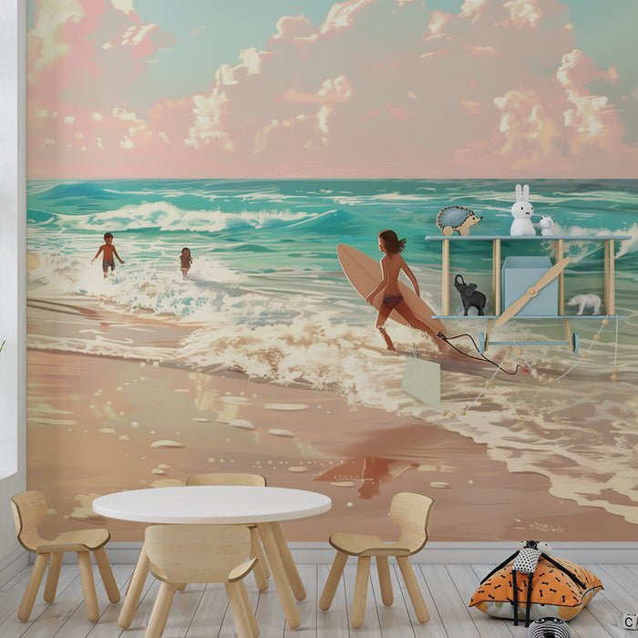 Papel pintado infantil | Aventura de surf al amanecer