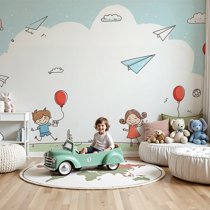 Papier peint enfant | Envol de ballons et avions en papier