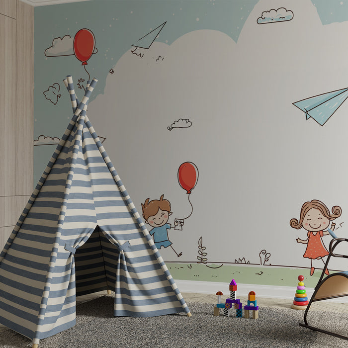 Papier peint enfant | Envol de ballons et avions en papier