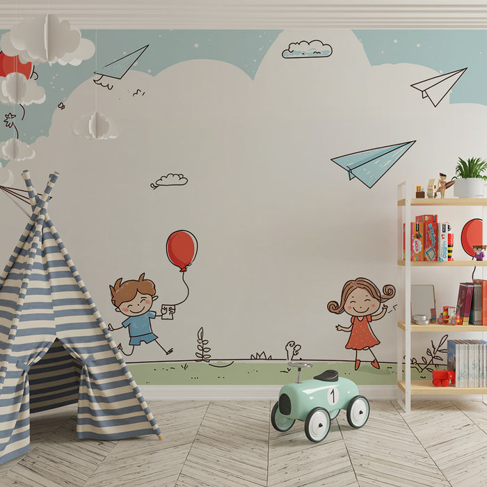 Papier peint enfant | Envol de ballons et avions en papier