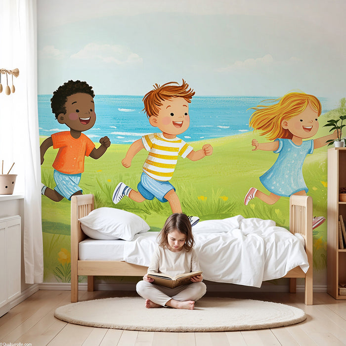 Lastenhuoneen tapetti | Lapset juoksevat merenrannalla
