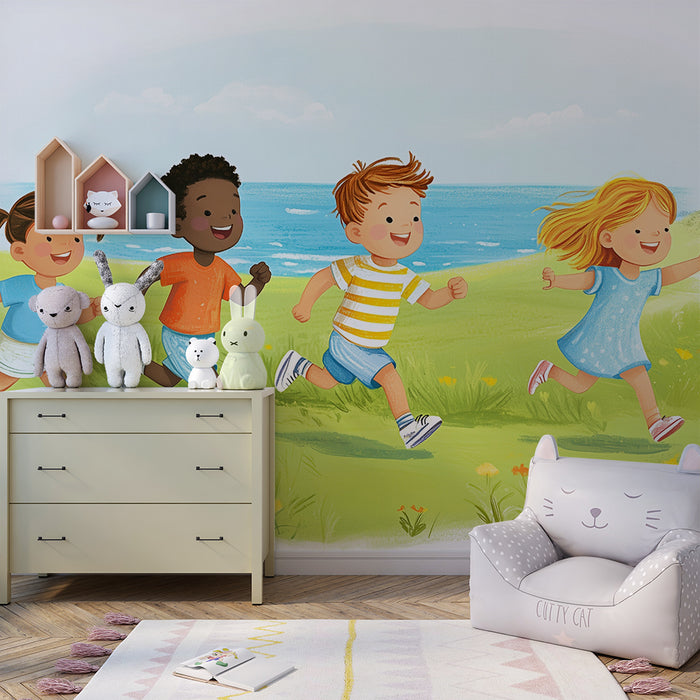 Lastenhuoneen tapetti | Lapset juoksevat merenrannalla