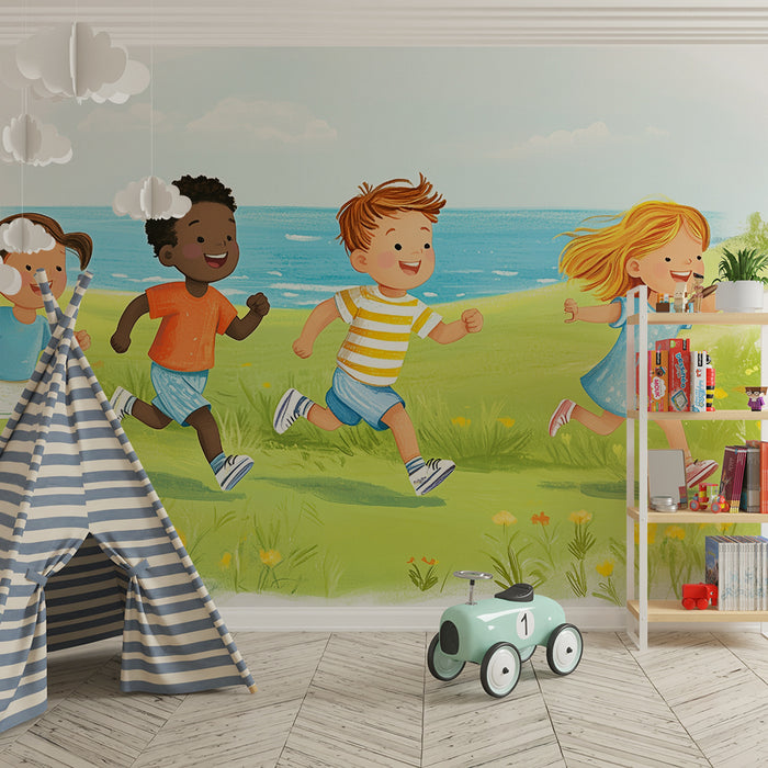 Lastenhuoneen tapetti | Lapset juoksevat merenrannalla