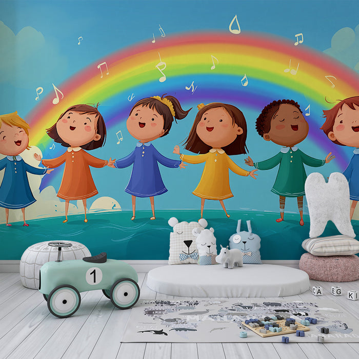Papel pintado infantil | Arco iris alegre y niños cantando