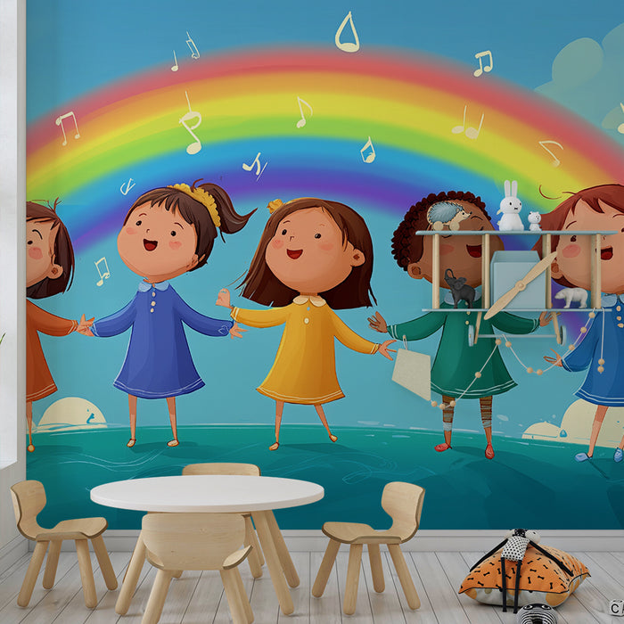 Papel pintado infantil | Arco iris alegre y niños cantando