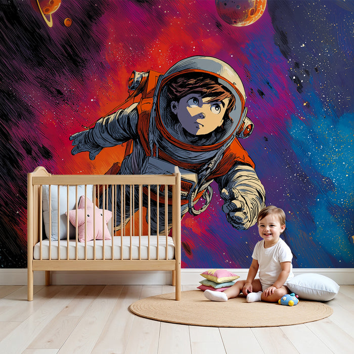 Lastenhuoneen tapetti | Avaruusseikkailu ja värikkäät astronautit
