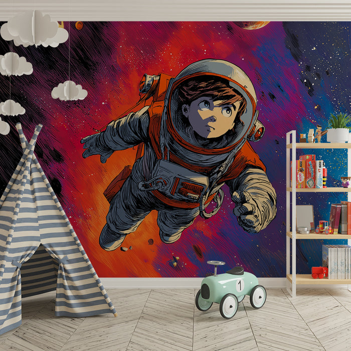 Lastenhuoneen tapetti | Avaruusseikkailu ja värikkäät astronautit