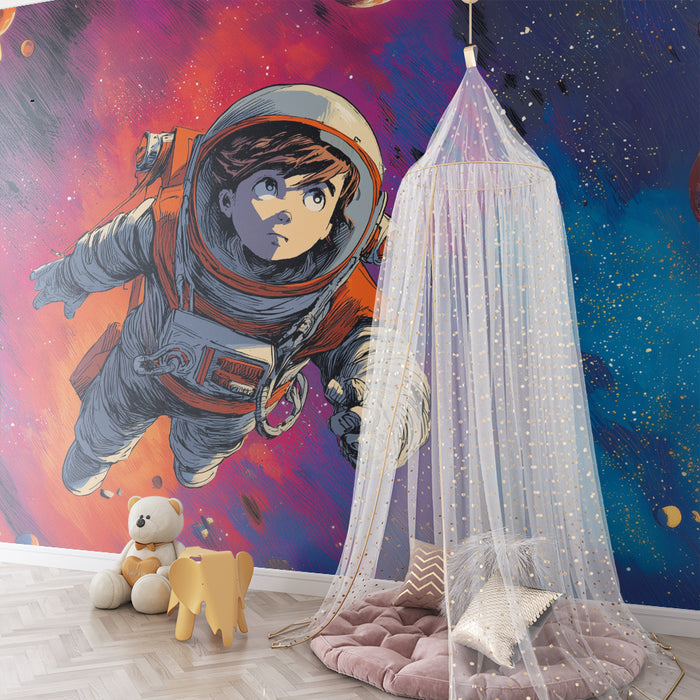 Lastenhuoneen tapetti | Avaruusseikkailu ja värikkäät astronautit