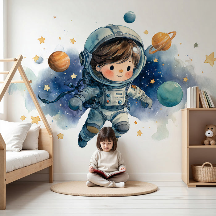 Lastenhuoneen tapetti | Unelmoiva astronautti ja värikkäät planeetat