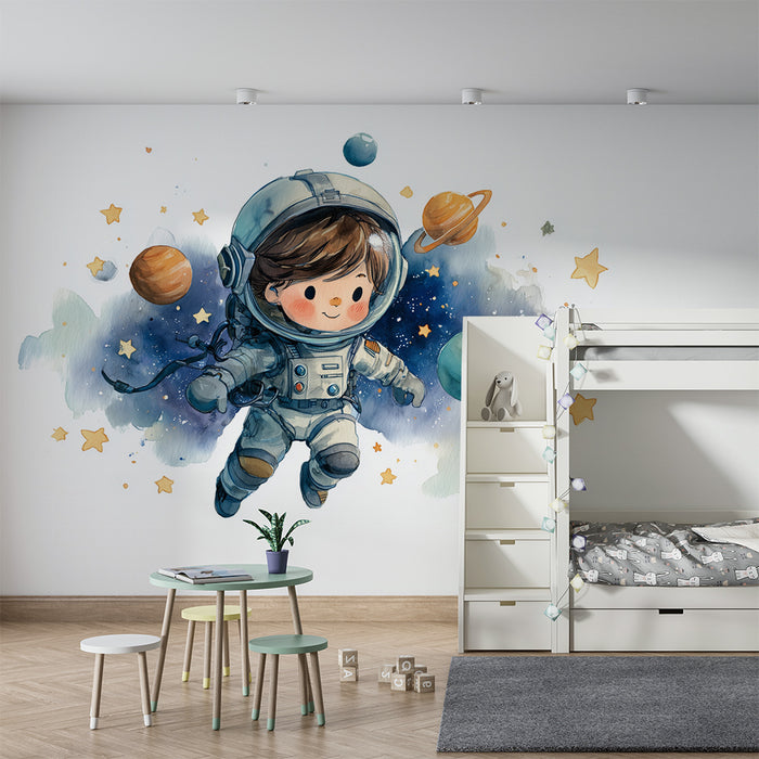 Lastenhuoneen tapetti | Unelmoiva astronautti ja värikkäät planeetat
