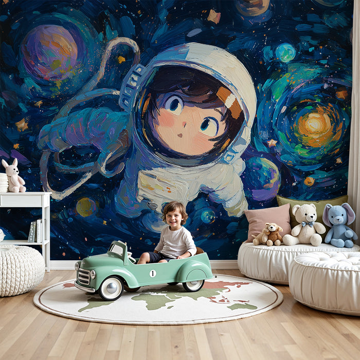 Lastenhuoneen tapetti | Unelmoiva astronautti värikkäiden planeettojen kanssa