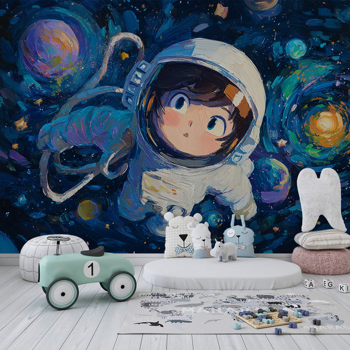 Lastenhuoneen tapetti | Unelmoiva astronautti värikkäiden planeettojen kanssa