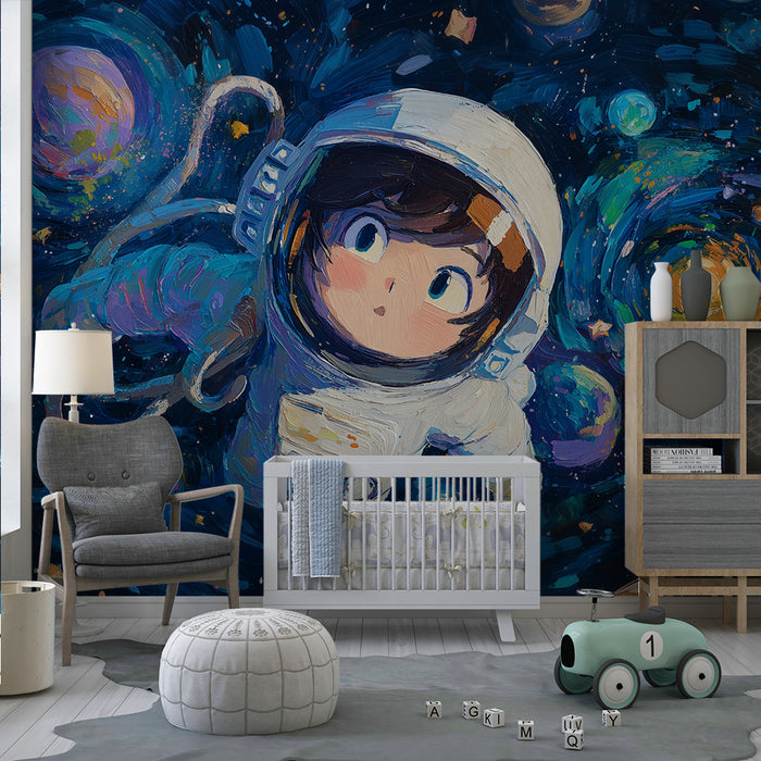 Lastenhuoneen tapetti | Unelmoiva astronautti värikkäiden planeettojen kanssa