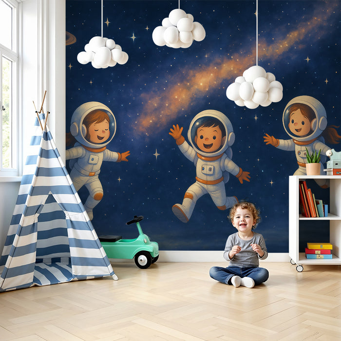 Lastenhuoneen tapetti | Leikkisät astronautit ja tähtitaivas