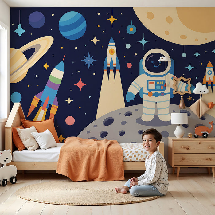 Papier peint chambre enfant | Exploration spatiale et astronaute joyeux