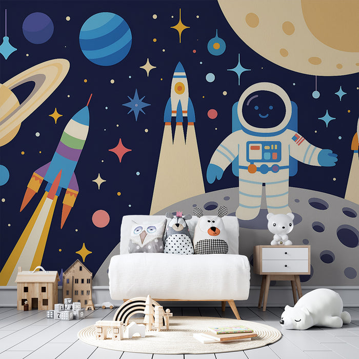 Papier peint chambre enfant | Exploration spatiale et astronaute joyeux