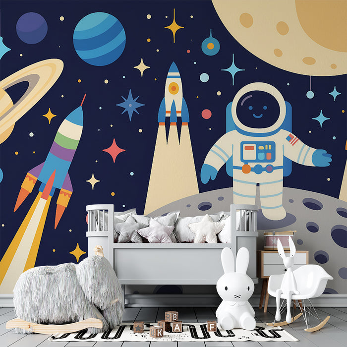 Papier peint chambre enfant | Exploration spatiale et astronaute joyeux
