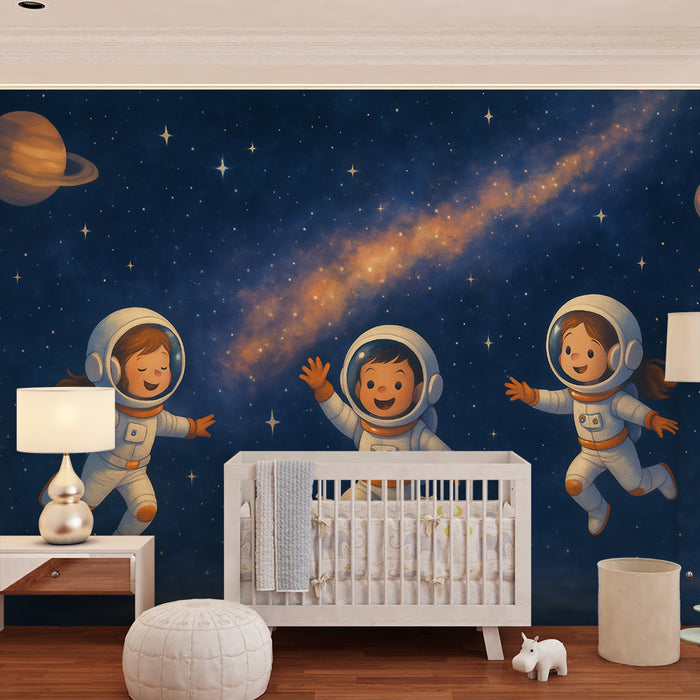 Lastenhuoneen tapetti | Leikkisät astronautit ja tähtitaivas