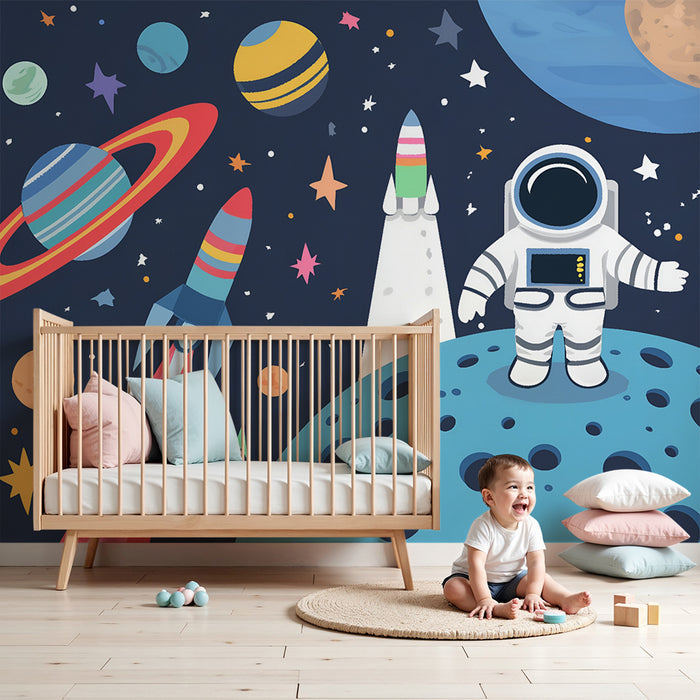 Børneværelse tapet | Rumforskning og farverige blå planeter