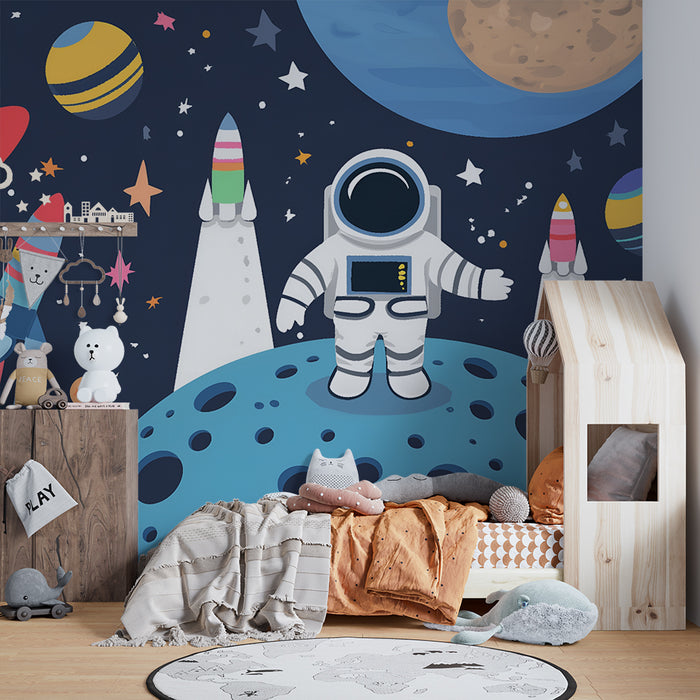 Børneværelse tapet | Rumforskning og farverige blå planeter