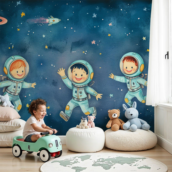 Lastenhuoneen tapetti | Pienet astronautit ja värikäs avaruus