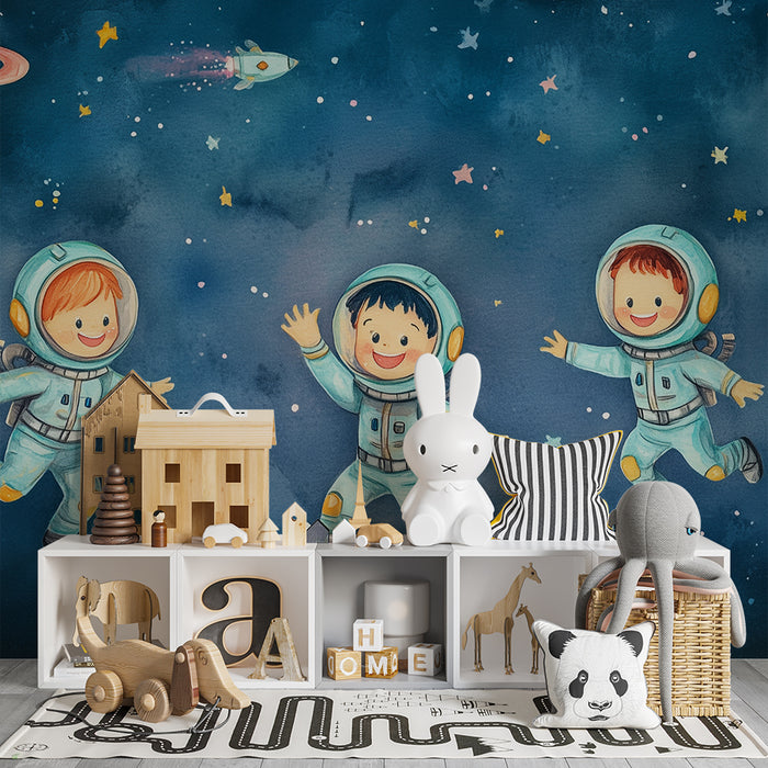 Lastenhuoneen tapetti | Pienet astronautit ja värikäs avaruus