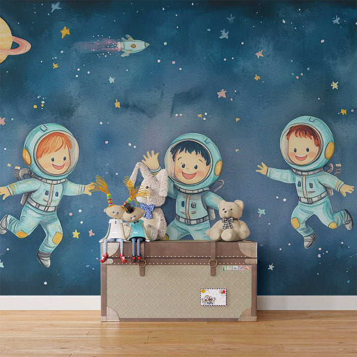 Lastenhuoneen tapetti | Pienet astronautit ja värikäs avaruus