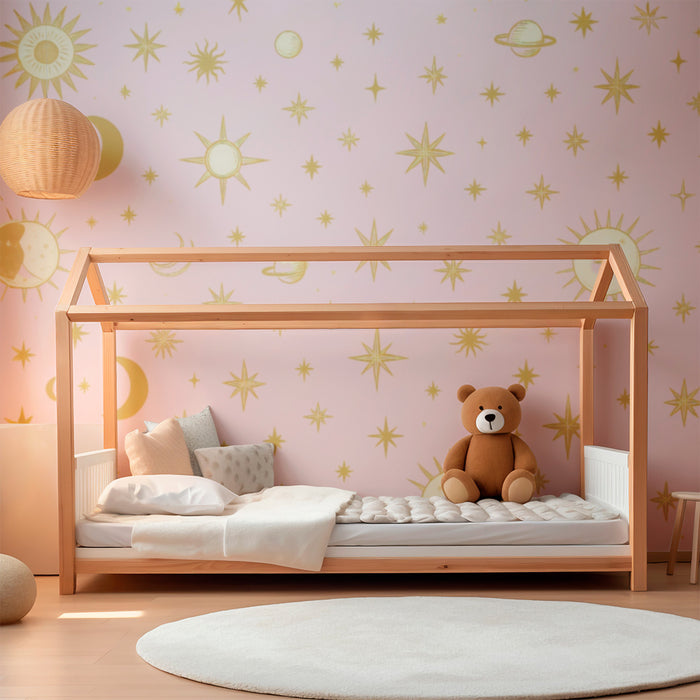 Papier peint céleste | Étoiles et Lunes dorées sur fond rose