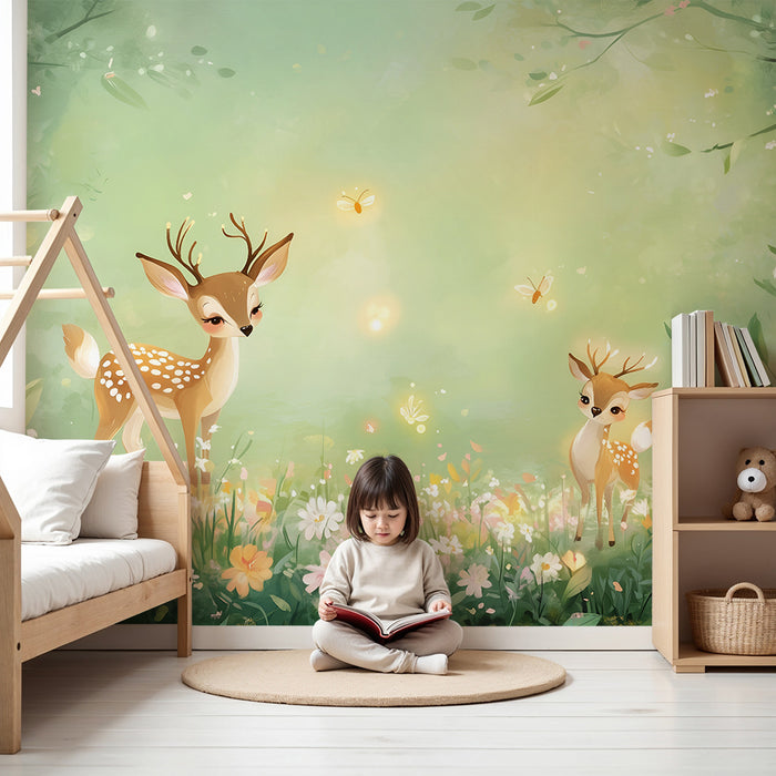 Papier peint chambre enfant | Faons enchanteurs et fleurs printanières