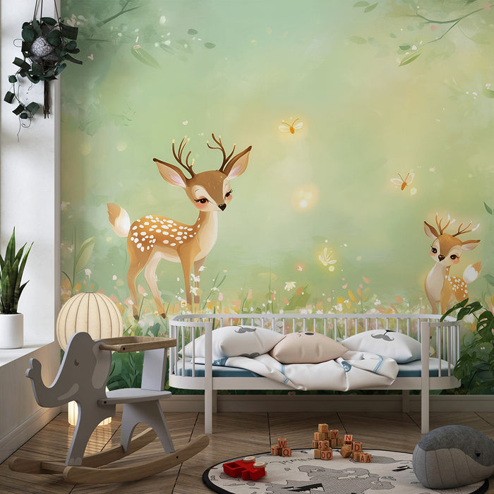 Papier peint chambre enfant | Faons enchanteurs et fleurs printanières