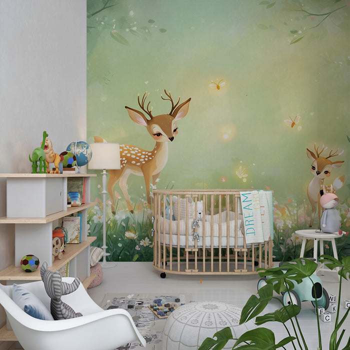 Papier peint chambre enfant | Faons enchanteurs et fleurs printanières