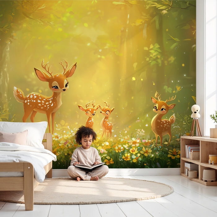 Papier peint chambre bébé | Faons enchantés et forêt lumineuse