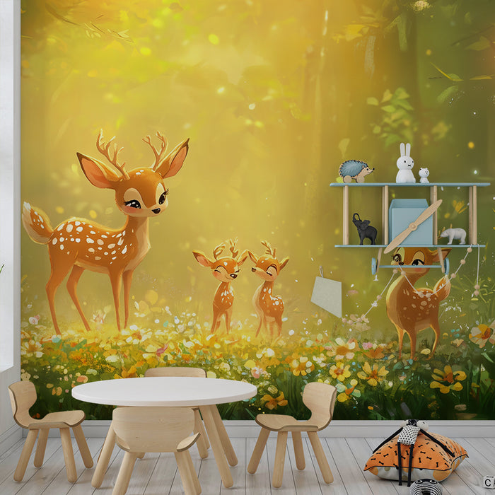 Papier peint chambre bébé | Faons enchantés et forêt lumineuse