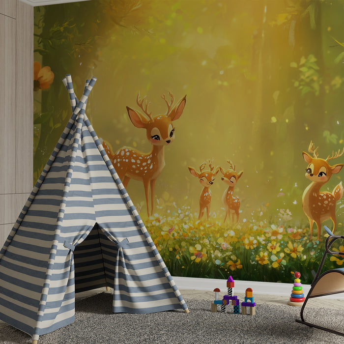Papier peint chambre bébé | Faons enchantés et forêt lumineuse