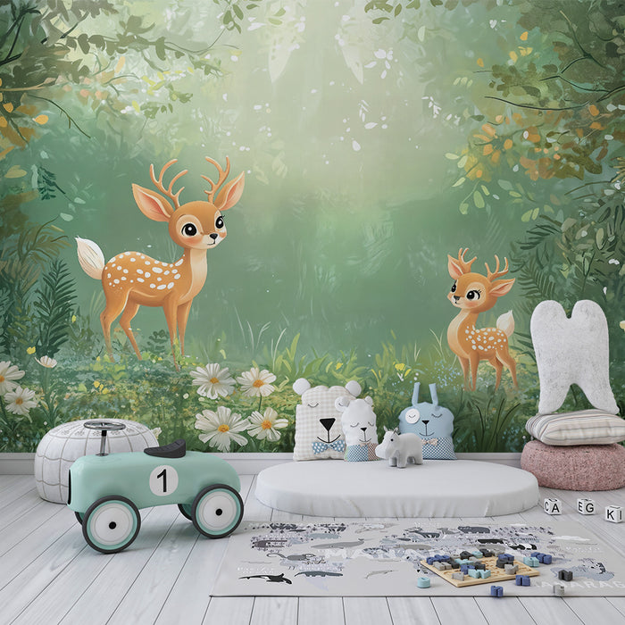 Papier peint chambre enfant | Faons enchantés et forêt florale