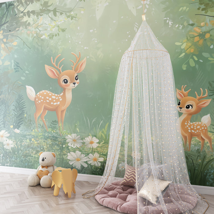 Papier peint chambre enfant | Faons enchantés et forêt florale