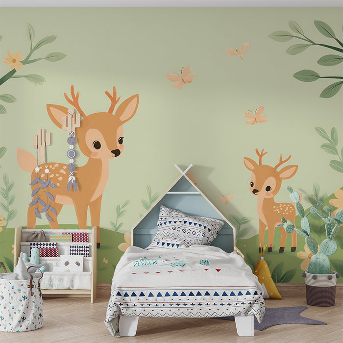 Papier peint chambre enfant | Faons et papillons dans la prairie