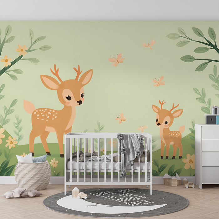 Papier peint chambre enfant | Faons et papillons dans la prairie