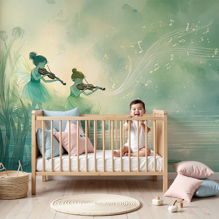 Papier peint chambre enfant | Fées musiciennes au bord de l'eau